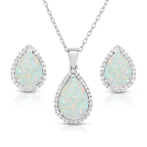 Pear Shaped Opal & White Sapphire Earrings & Necklace Set
