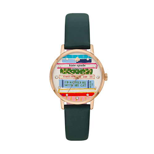 Ladies' Metro Green Leather Strap Watch, Bookstack Dial
