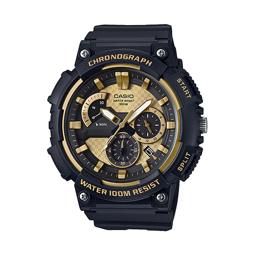 Mens Classic Chronograph Analog Resin Watch, Black & Gold Dial