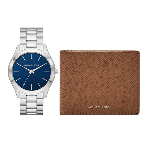Mens Slim Runway Silver-Tone & Blue Dial Watch w/ Leather Wallet