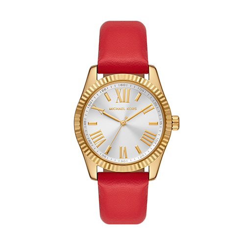 Ladies' Lexington Gold & Red Leather Strap Watch, Silver White Dial