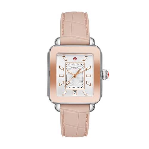 Ladies Deco Sport Two-Tone Pink Silicone Watch, Silver White Dial