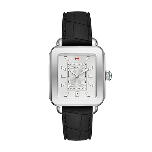 Ladies Deco Sport Silver-Tone Black Strap Watch, Silver Dial