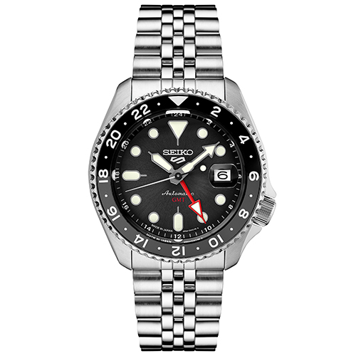 Mens Seiko 5 Sport SKX GMT Series Silver-Tone Watch, Black Dial