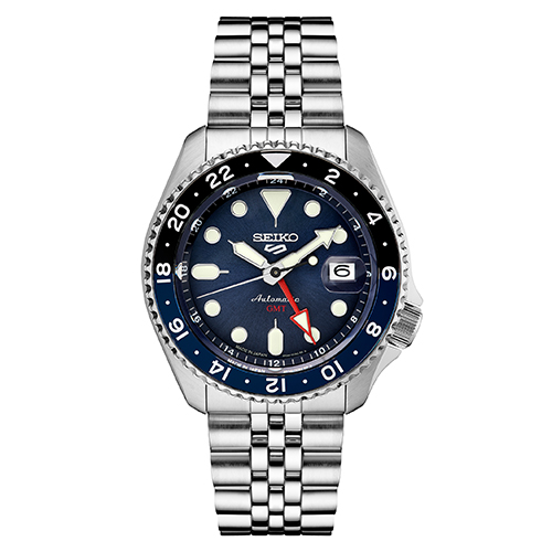 Mens Seiko 5 Sport SKX GMT Series Silver-Tone Watch, Blue Dial