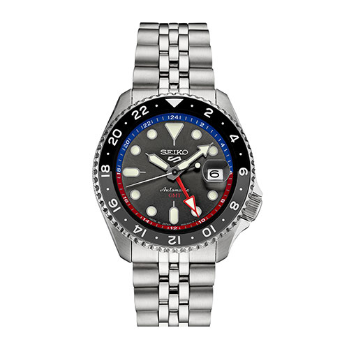 Men's Seiko 5 Sports SKX GMT U.S. Silver Watch, Gray Dial w/ Red and Blue Frame