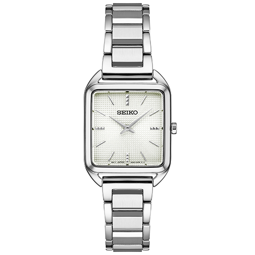 Ladies Essentials Square Silver-Tone Stainless Steel Watch, White Dial