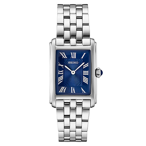 Ladies Essentials Silver-Tone Stainless Steel Rectangular Watch, Blue Dial